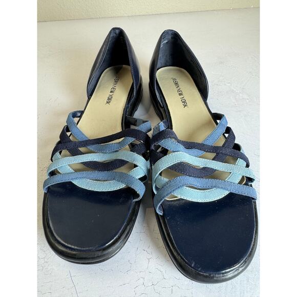 Jasmin New York‎ Women  7 Navy Leather Flats Sandals Criss Cross Strap Comfort - Picture 3 of 7